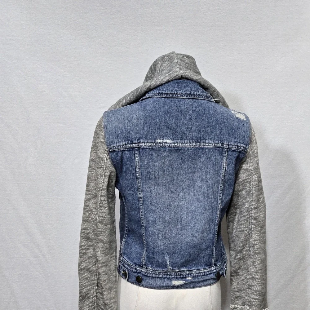 Free People‎ Jacket Womens Small Blue Gray Denim Fleece Hoodie Distressed Casual - Picture 6 of 16